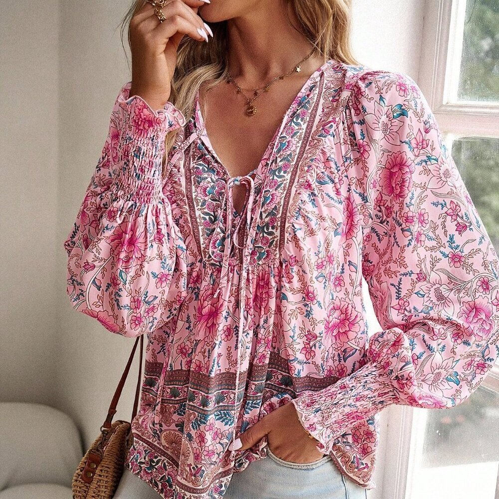 Pink Casual Women's Floral Print Shirred Cuffed Shirt - Picture 4 of 7